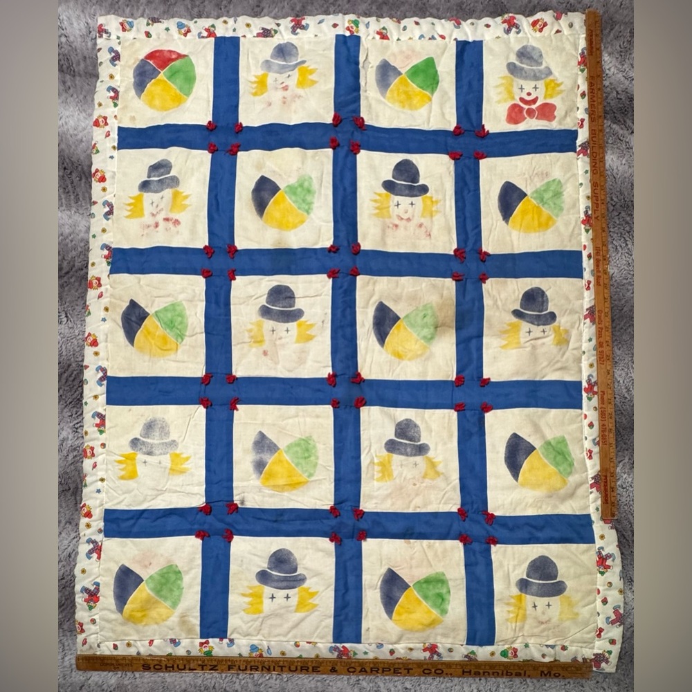 VTG baby Quilt handmade multicolor clowns & balls clown print collectors item
